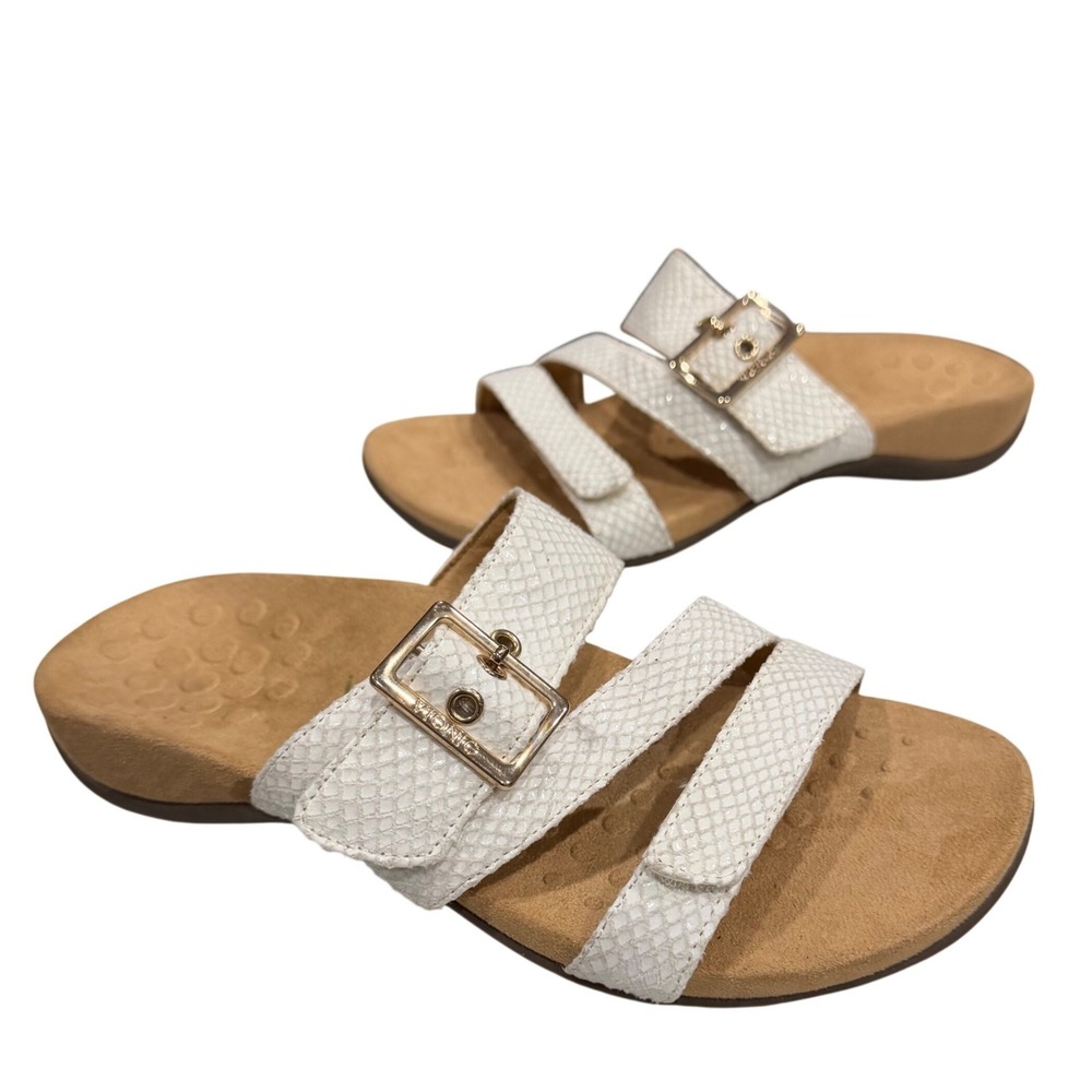 Vionic Skylar Slide Sandal Womens 6 White Snakeskin Adjustable Orthotic Strappy